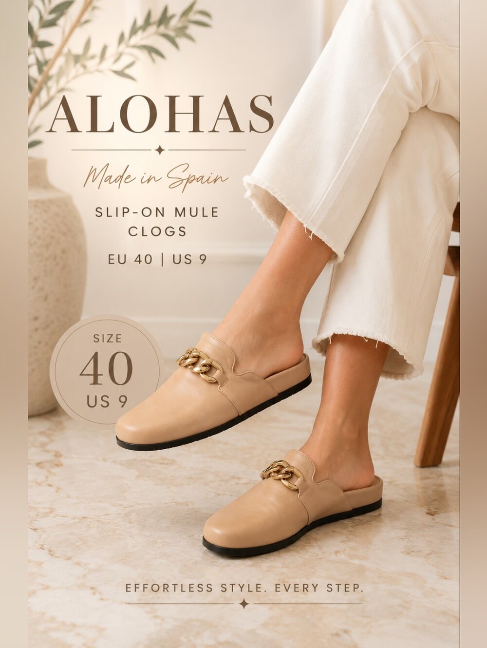 Alohas Spain Leather Slip-On Mule Clogs Beige EU 40 US 9 Gold Chain Comfort Shoe